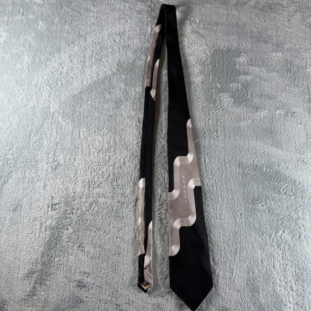 Pantani Mens Silk Tie Black Silver Grey Geometric Abstract Wavy Pattern Handmade